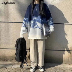 Blue Long Sleeve Sweater with Deer Waves Design