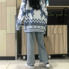 Blue Long Sleeve Sweater with Deer Waves Design
