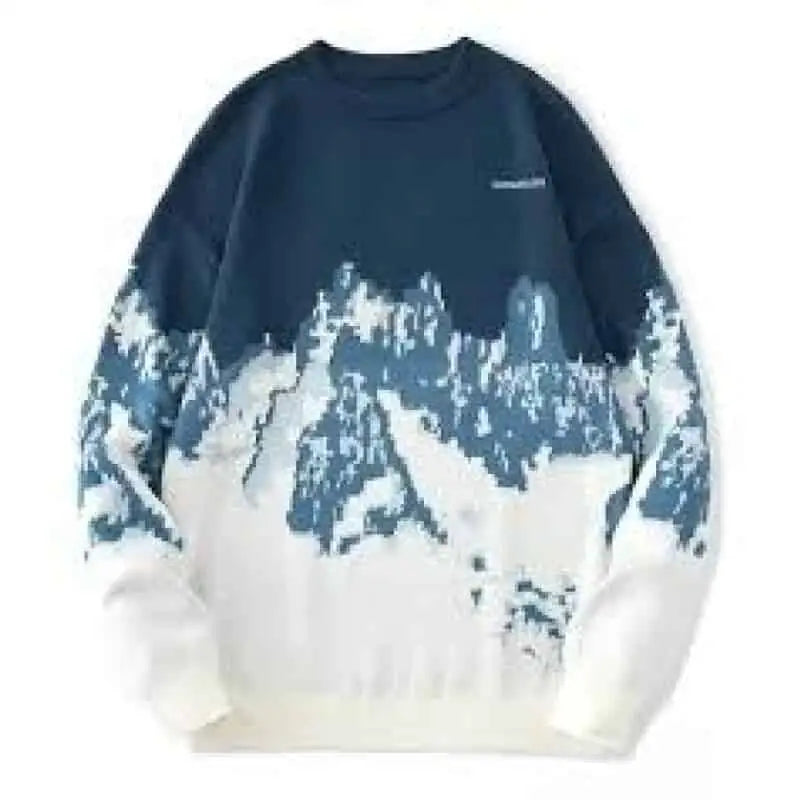 Blue Long Sleeve Sweater with Deer Waves Design