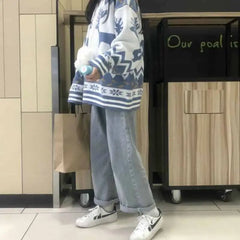 Blue Long Sleeve Sweater with Deer Waves Design