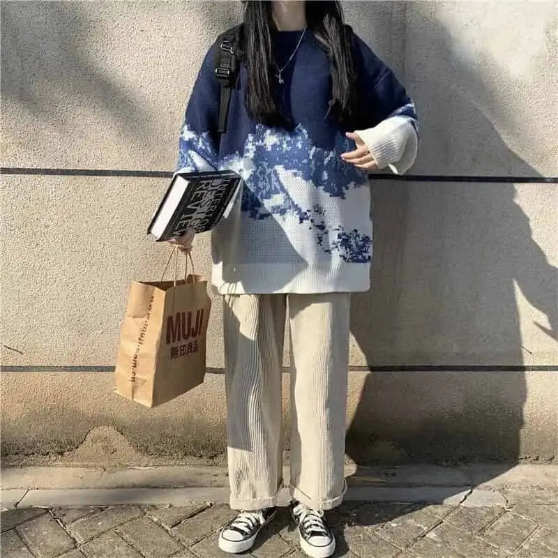 Blue Long Sleeve Sweater with Deer Waves Design