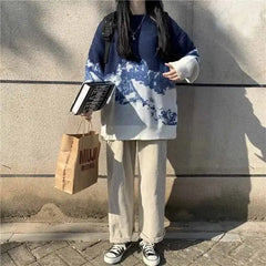 Blue Long Sleeve Sweater with Deer Waves Design