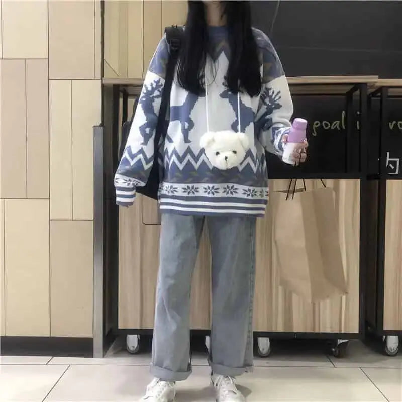 Blue Long Sleeve Sweater with Deer Waves Design White / S