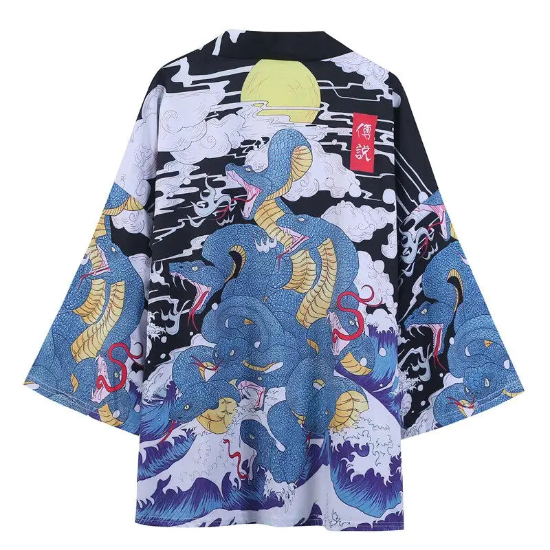 Blue Snakes Japanese Style Kimono 3 4 Sleeve Black / M