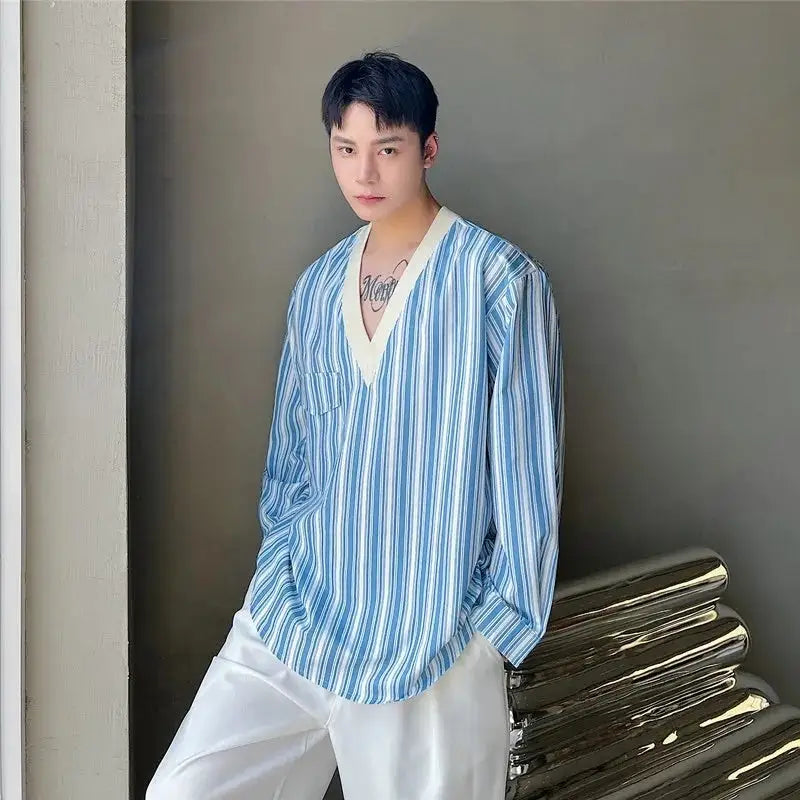 Blue Stripe Loose V Neck Long Sleeve Shirt