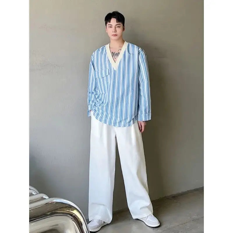 Blue Stripe Loose V Neck Long Sleeve Shirt
