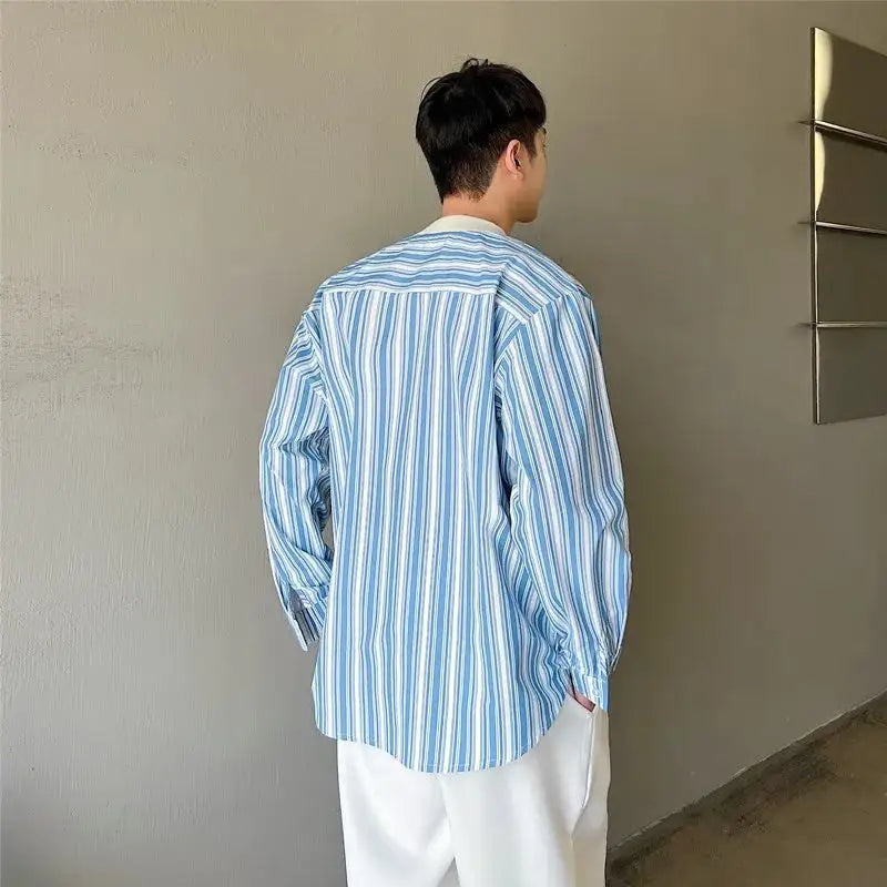Blue Stripe Loose V-neck Long Sleeve Shirts