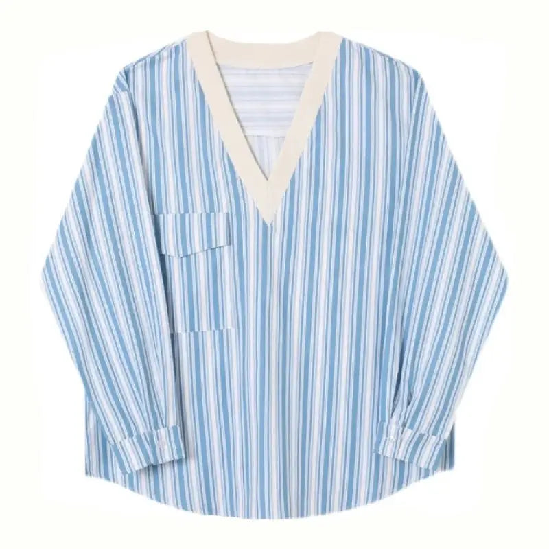 Blue Stripe Loose V-neck Long Sleeve Shirts - M