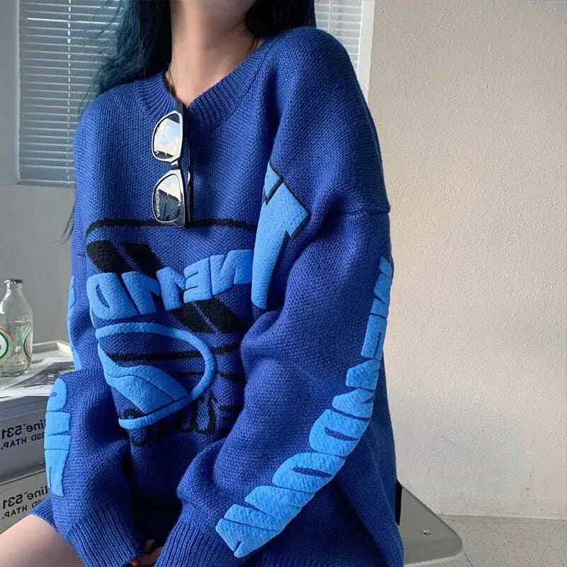 Blue Striped Oversize Knitted Sweater for Women