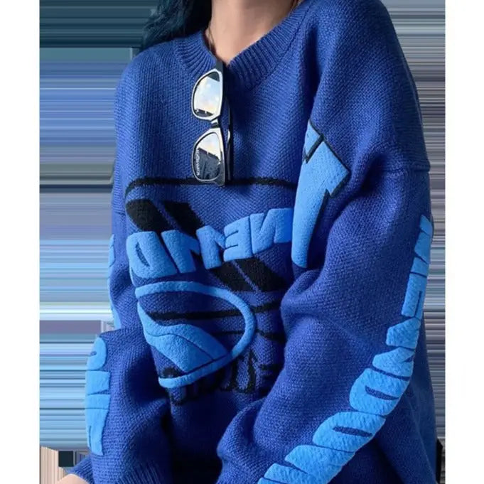 Blue Striped Oversize Knitted Sweater for Women