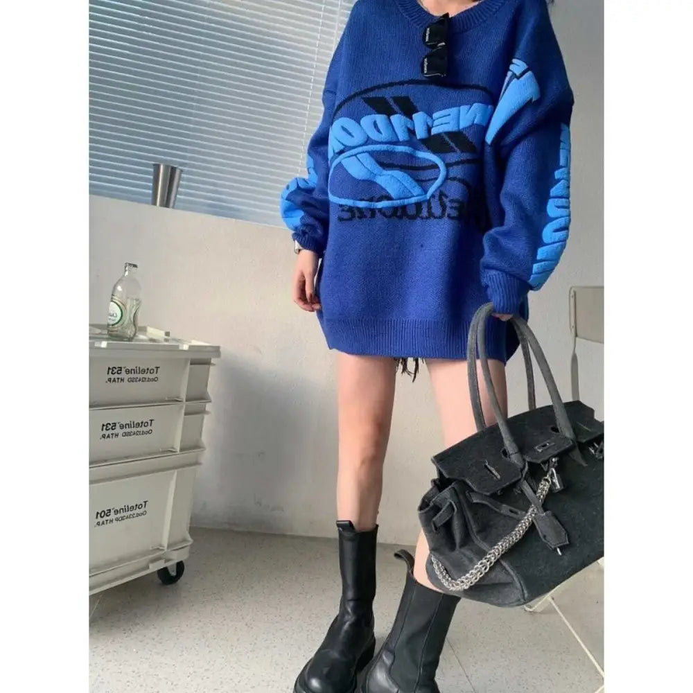 Blue Striped Oversize Knitted Sweater for Women