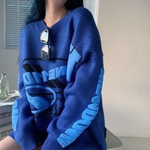 Blue Striped Oversize Knitted Sweater for Women / L