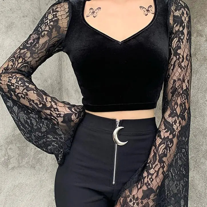 Bodycon Black Velvet And Lace V Neck Crop Top