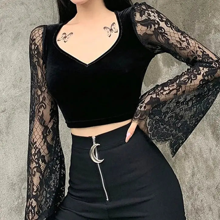 Bodycon Black Velvet And Lace V Neck Crop Top