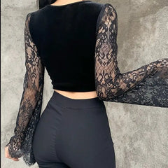 Bodycon Black Velvet And Lace V Neck Crop Top