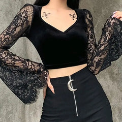 Bodycon Black Velvet And Lace V Neck Crop Top