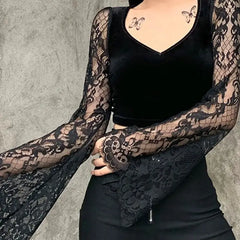 Bodycon Black Velvet And Lace V Neck Crop Top