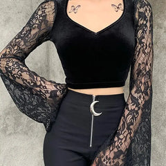 Bodycon Black Velvet And Lace V Neck Crop Top