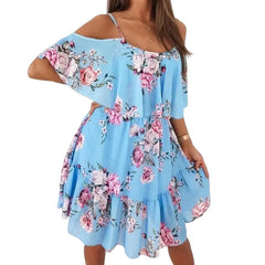 Bohemian Floral Print Beach Dress Polyester Mid Calf Blue