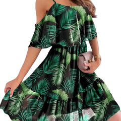 Bohemian Floral Print Beach Dress Polyester Mid Calf Green