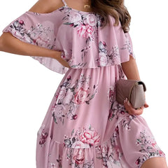 Bohemian Floral Print Beach Dress Polyester Mid Calf Pink