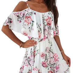 Bohemian Floral Print Beach Dress Polyester Mid Calf White