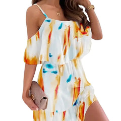 Bohemian Floral Print Beach Dress Polyester Mid Calf Yellow