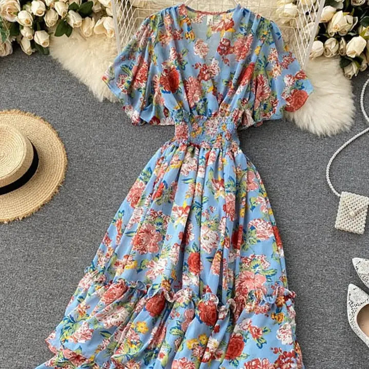 Bohemian Floral Printed High Waist V Neck Dress Blue