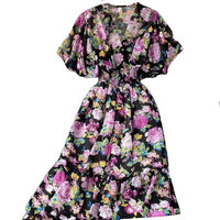 Thumbnail for Bohemian Floral Printed V-Neck High Waist Dress - Black /
