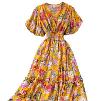 Thumbnail for Bohemian Floral Printed V-Neck High Waist Dress