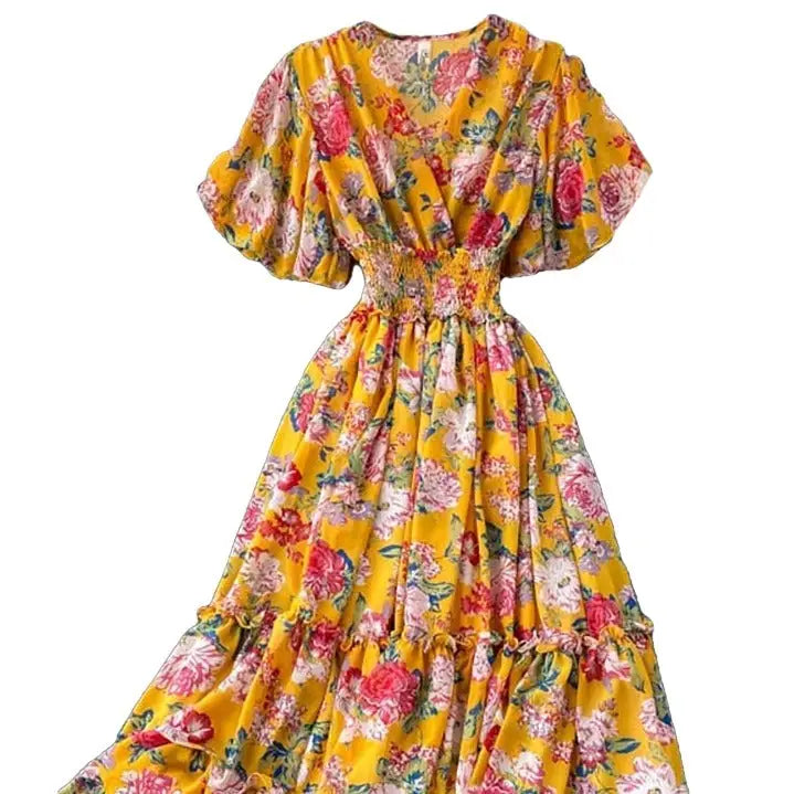 Bohemian Floral Printed V-Neck High Waist Dress - Yellow