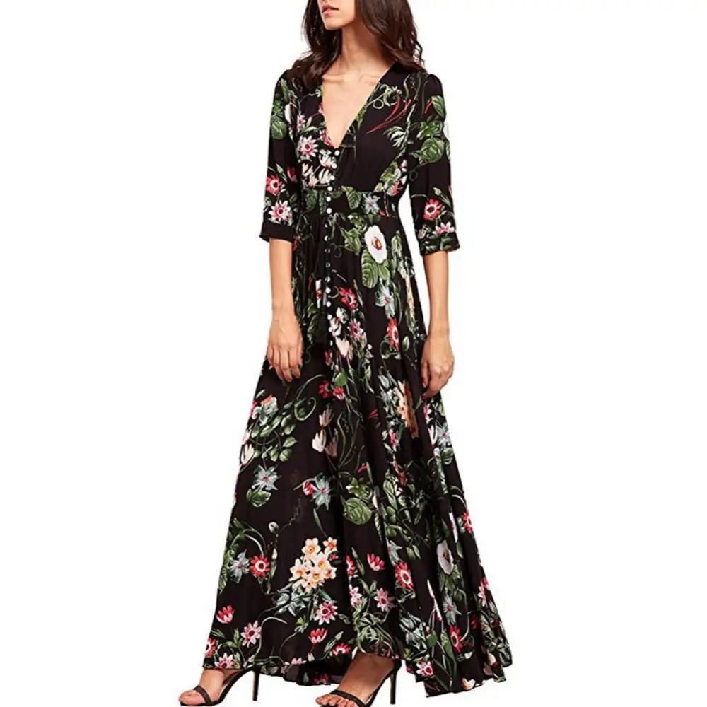 Bohemian Flower Print V Neck A Line Cotton Chiffon Dress