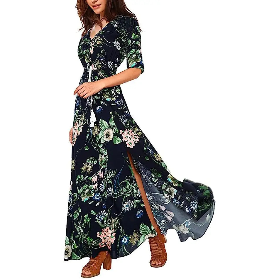 Bohemian Flower Print V Neck A Line Cotton Chiffon Dress