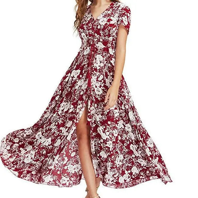 Bohemian Flower Print V Neck A Line Cotton Chiffon Dress