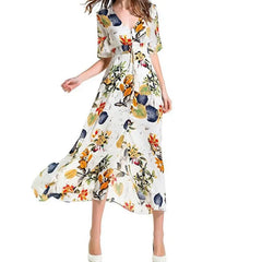 Bohemian Flower Print V Neck A Line Cotton Chiffon Dress