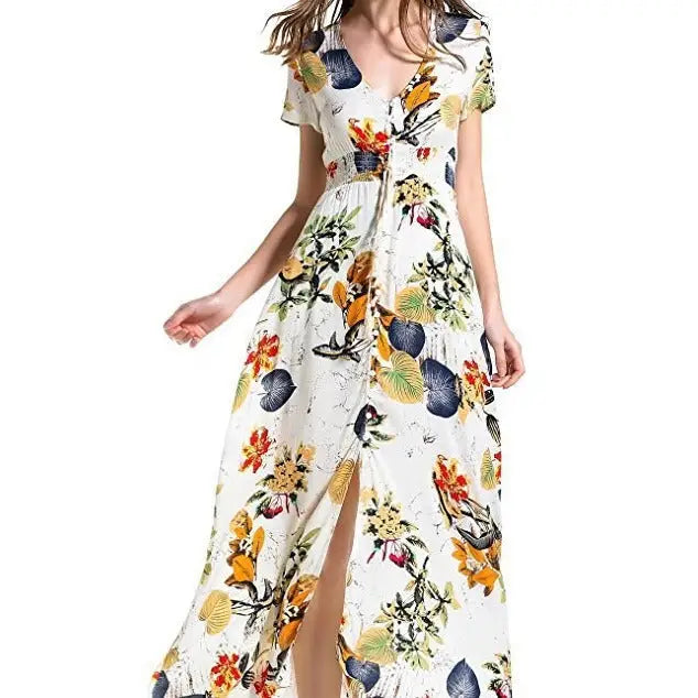 Bohemian Flower Print V Neck A Line Cotton Chiffon Dress