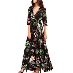 Bohemian Flower Print V-Neck Dress