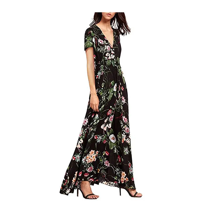 Bohemian Flower Print V-Neck Dress