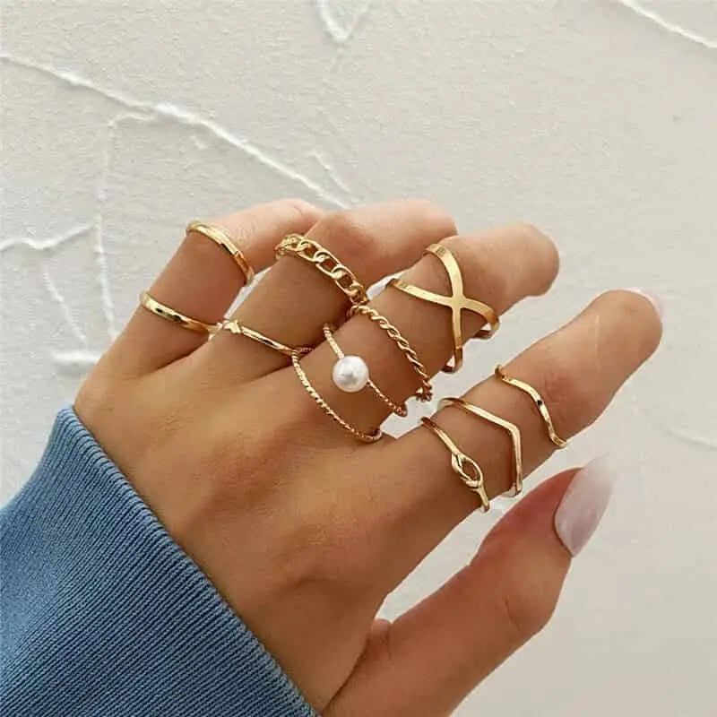 Bohemian Gold Color Heart Ring Set Geometric Design 17042