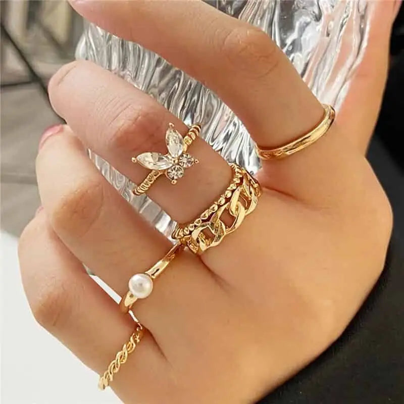 Bohemian Gold Color Heart Ring Set Geometric Design 17338