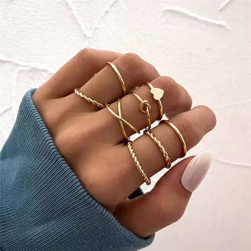 Bohemian Gold Color Heart Ring Set Geometric Design 17346