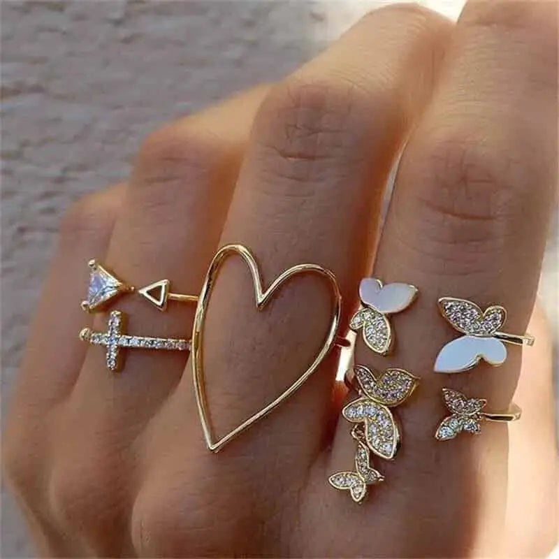 Bohemian Gold Color Heart Ring Set Geometric Design 17355