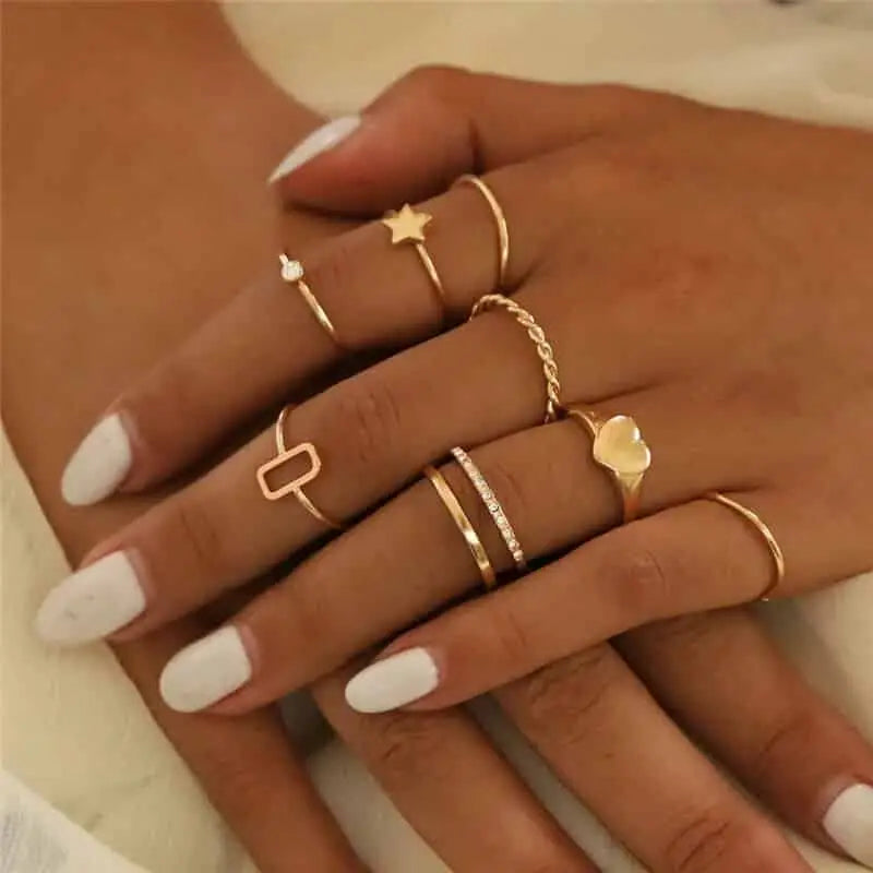 Bohemian Gold Color Heart Ring Set Geometric Design