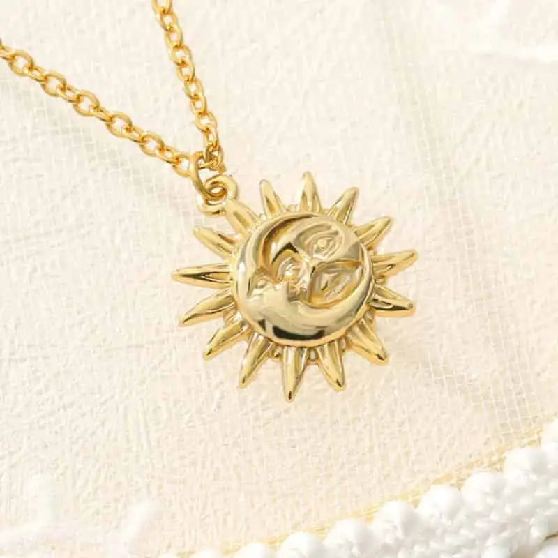 Bohemian Moon Sun Face Stainless Steel Necklace - Gold