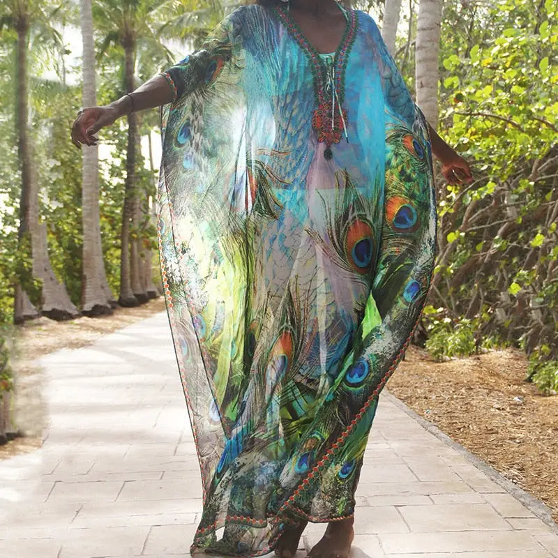 Bohemian Peacock Feather Print Chiffon Dress