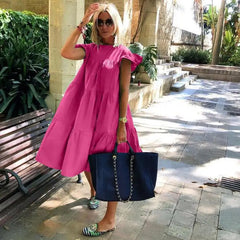 Bohemian Short Sleeve Flared Dress - Pink / S