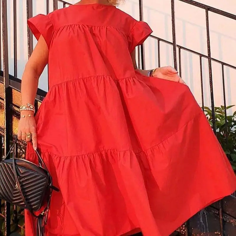 Bohemian Short Sleeve Flared Dress - Red / S
