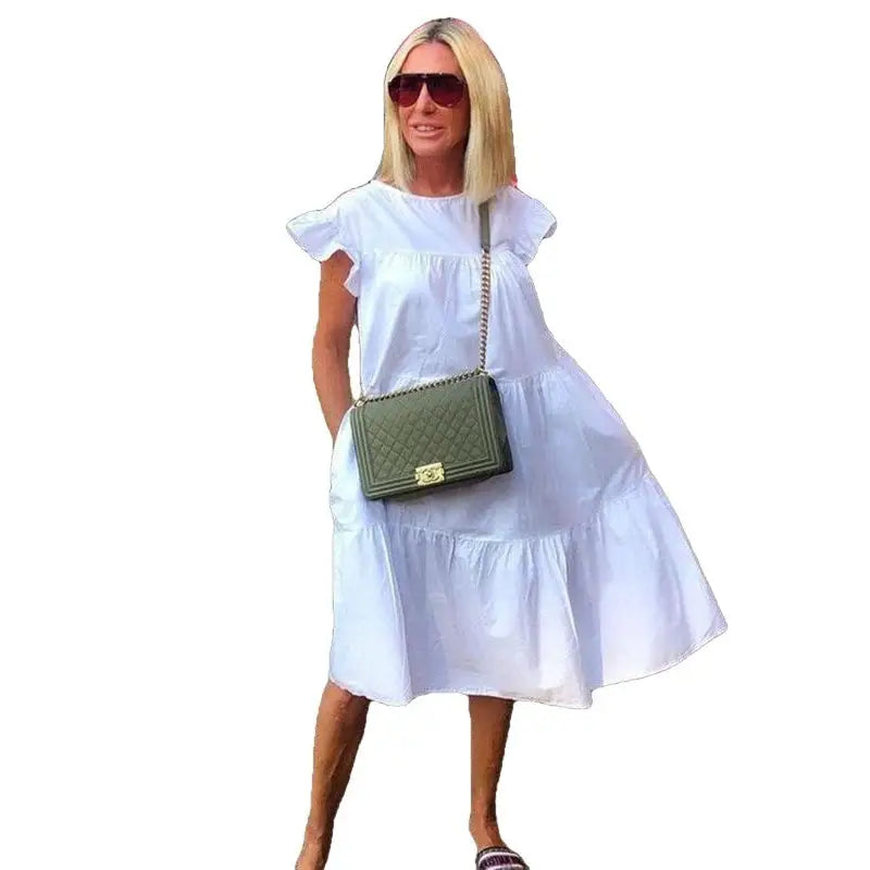 Bohemian Short Sleeve Flared Dress - White / S