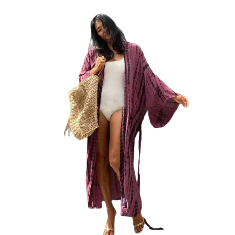 Bohemian Tie Dye Striped Sarong Tunic Dress with Belt Dark