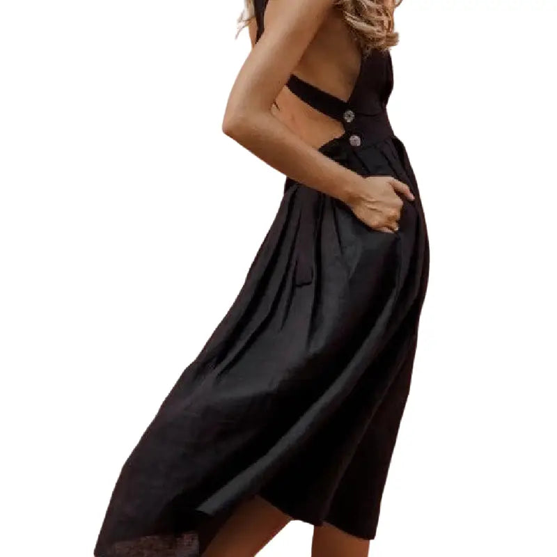 Boho Strappy Backless Solid Color Long Dress - Black / S